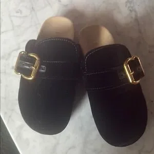 Prada Black Suede Clogs with Gold Buckles